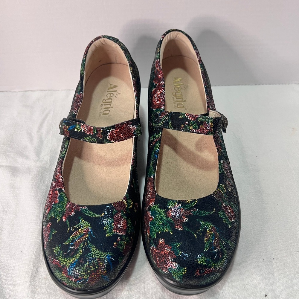 Alegria Flair Winter Garden Floral Leather Mary Jane Wedge Pumps Shoes Size 10.5